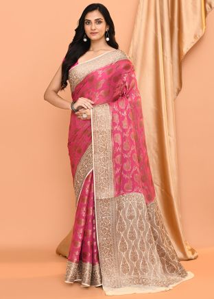 Coral Pink Woven Saree In Georgette