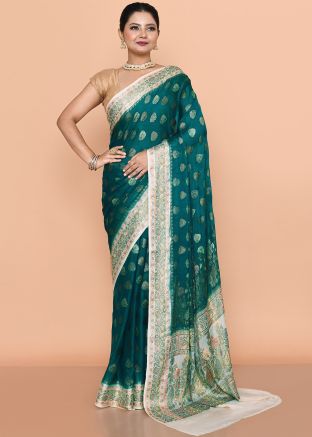 Teal Green Woven Work Georgette Saree