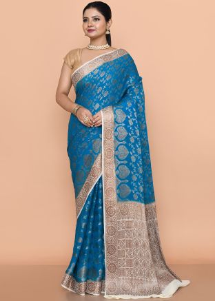Blue Woven Saree In Georgette