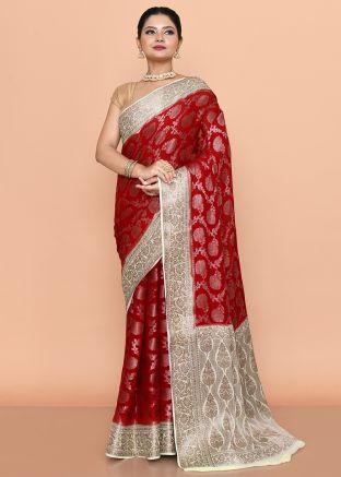 Red Georgette Saree In Woven Work