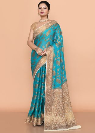 Blue Georgette Saree In Woven Work