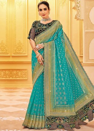 Turquoise Zari Woven Silk Saree