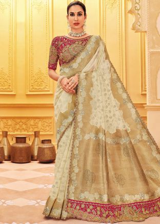 Beige Silk Zari Woven Saree