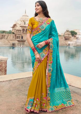 Yellow & Blue Embroidered Half N Half Saree