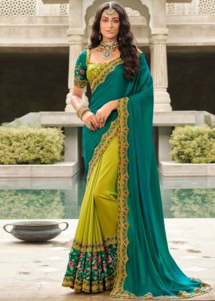Green Embroidered Half N Half Saree In Silk