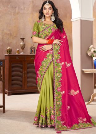Green & Red Embroidered Half N Half Saree