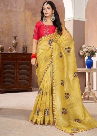 Yellow Embroidered Silk Saree With Blouse