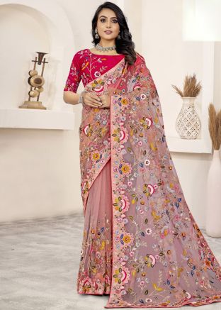 Peach Embroidered Net Saree With Blouse
