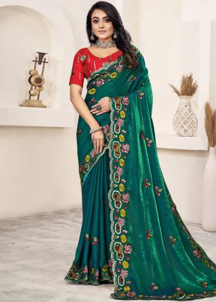 Dual Tone Teal Green Embroidered Saree