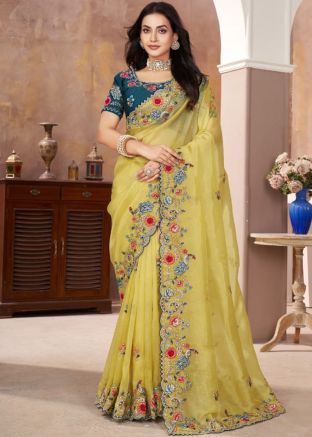 Yellow Tissue Silk Embroidered Saree