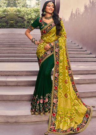 Green Embroidered Half N Half Saree