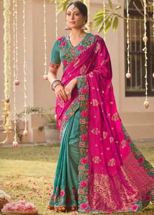 Pink & Blue Half N Half Embroidered Saree 