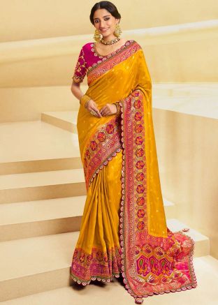 Yellow Woven Silk Saree & Blouse