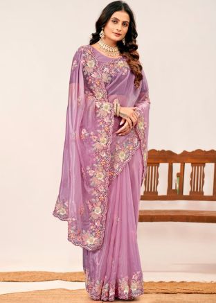 Mauve Purple Embroidered Tissue Saree