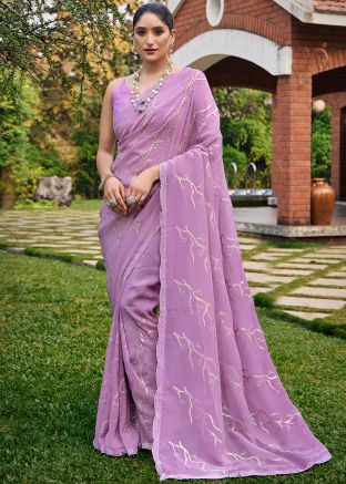 Lavender Sequins Work Silk Saree