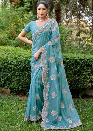 Blue Net Embroidered Saree & Blouse
