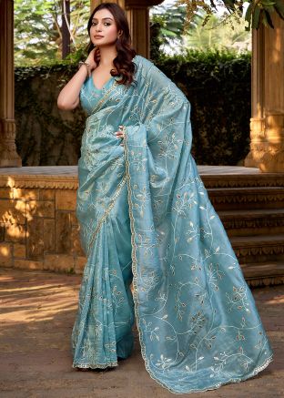 Blue Thread Embroidered Tissue Silk Saree