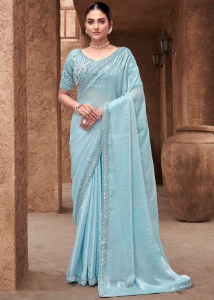Blue Embroidered Satin Saree