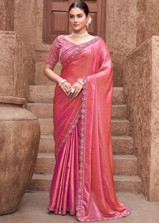Red Embroidered Saree In Satin