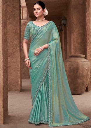 Blue Embroidered Satin Saree