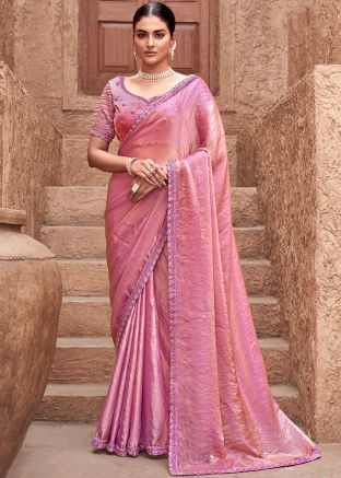 Pink Embroidered Satin Saree