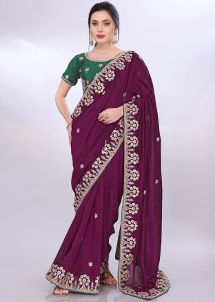 Purple Embroidered Saree In Silk