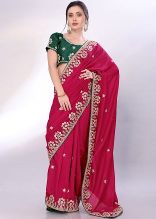 Pink Sequin Embroidered Saree In Silk
