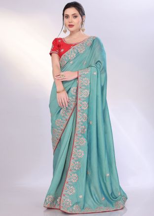 Blue Embroidered Silk Saree