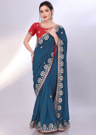 Blue Embroidered Saree In Silk