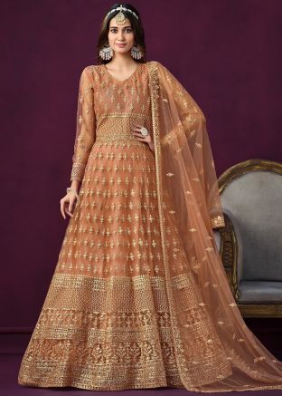 Brown Embroidered Anarkali Suit Set