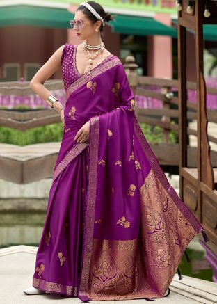 Purple Zari Woven Saree In Satin