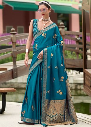 Blue Satin Saree In Zari Woven Work