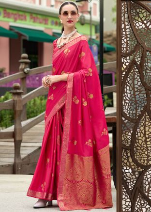 Pink Zari Woven Work Saree In Satin