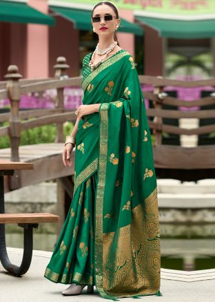 Green Zari Woven Saree In Satin