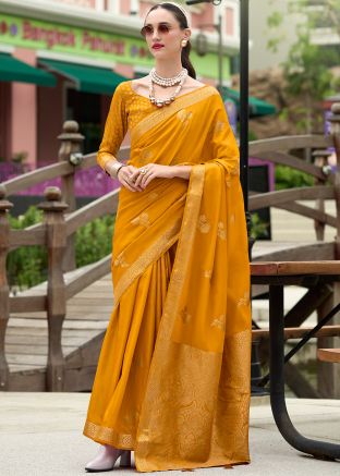 Yellow Satin Saree In Zari Woven Work