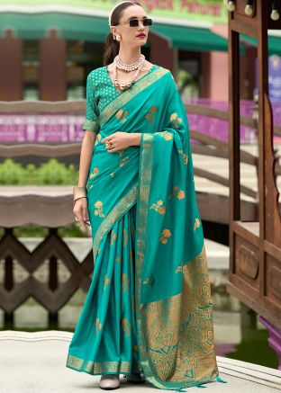 Blue Satin Saree In Zari Woven Work