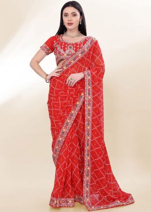 Red Bandhej Print Saree In Georgette