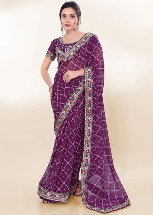 Purple Georgette Saree In Bandhej Print