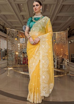 Yellow Embroidered Saree In Satin