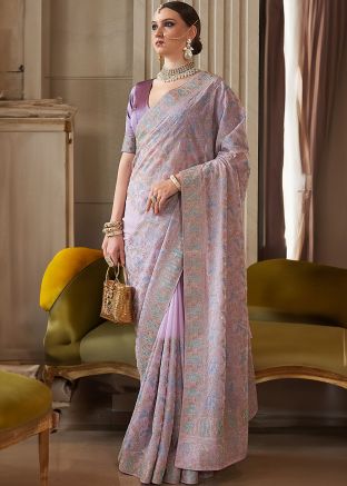 Purple Sequin Work Saree In Tissue