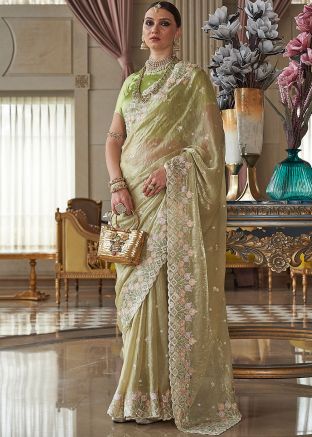 Beige Embroidered Tissue Saree