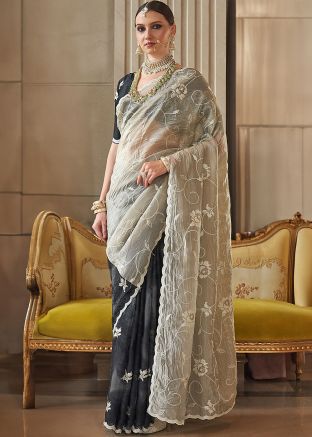 Beige Embroidered Saree In Tissue
