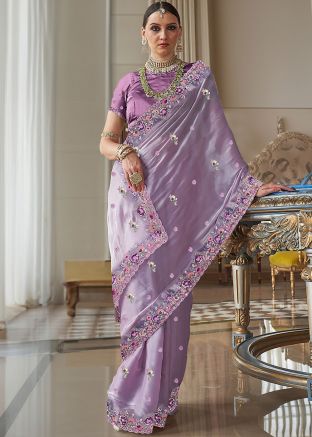 Purple Sequin Work Saree In Tissue