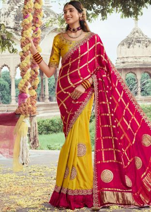 Yellow Embroidered Half N Half Saree In Silk