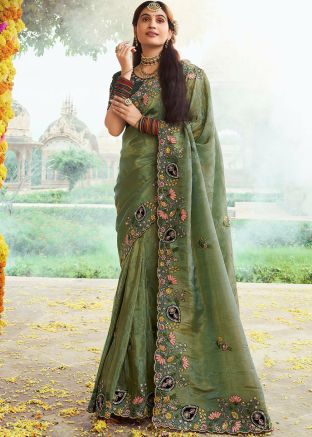 Green Embroidered Silk Saree