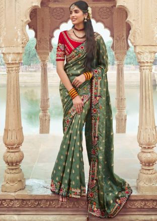 Green Embroidered Saree In Silk