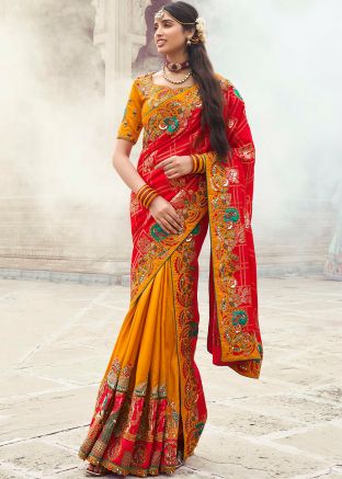 Yellow Half N Half Embroidered Saree In Silk