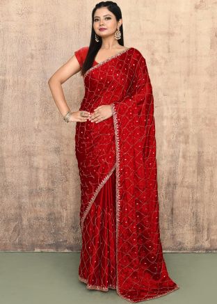 Red Handwork Saree In Jacquard
