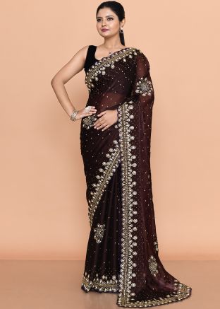 Brown Handwork Saree In Organza