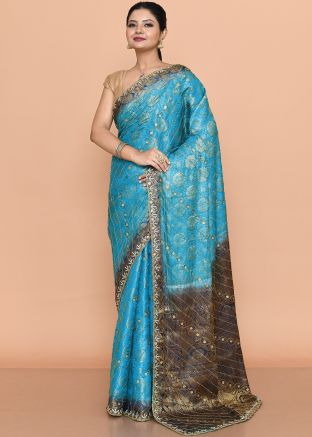 Blue Handwork Saree In Kanjivaram Silk